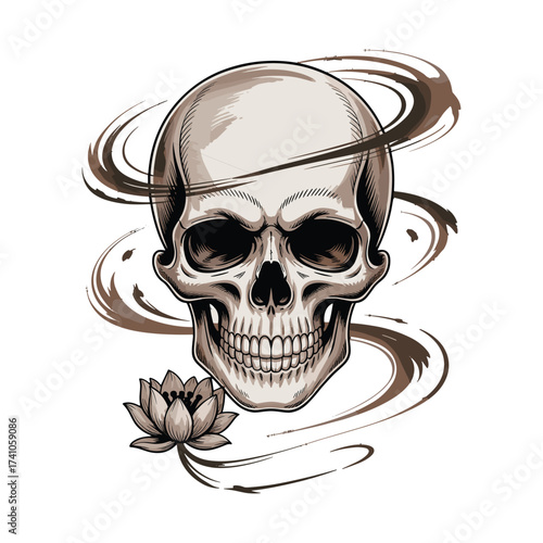 Skull and lotus flower T-shirt Design. Human skull illustration with stylized lotus bloom. Mystical skull with floral element. Spiritual meditation symbol. Tattoo style drawing.