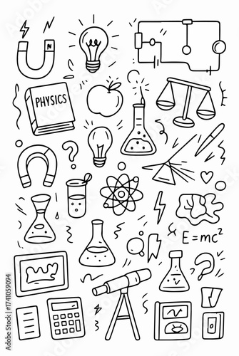Hand-drawn Doodle Style Vector Set of Physics Elements, Black Outline Sketch Illustrations, Ideal for Both Digital and Print Use
