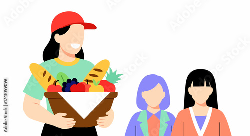 A delivery person smiles while presenting a basket of groceries to two waiting customers.