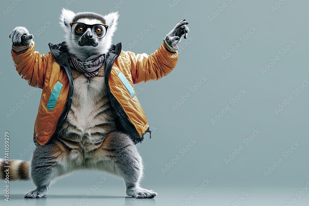 Fototapeta premium A fashionable lemur dressed in a trendy jacket and glasses dances on a wide banner with space for text