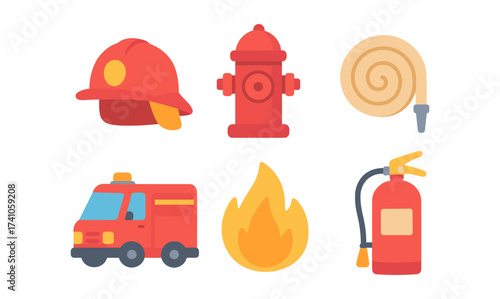 Colorful firefighting equipment icons: helmet, truck, hydrant, hose, flame, extinguisher