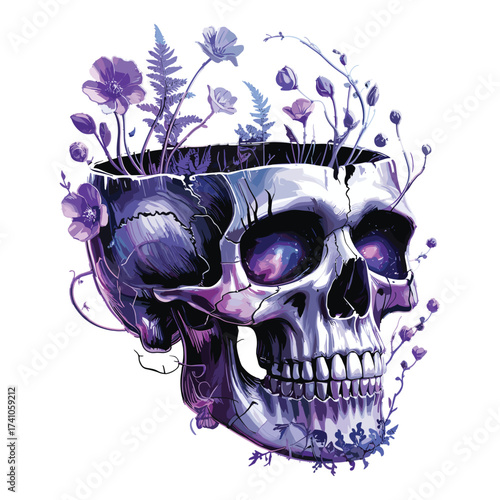 Skull human head bones with flowers. Floral skull illustration with plants. Growth through decay concept T-shirt Design isolated on white background.