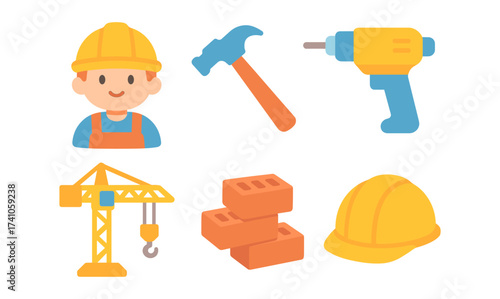 Cute construction icons set featuring tools and equipment