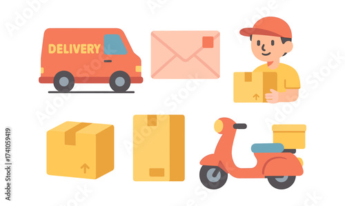 Flat design delivery icons: van, mail, courier, and transportation elements