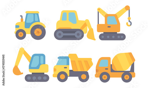 Colorful construction vehicles set: excavators, cranes, tractors, dump trucks, and mixers