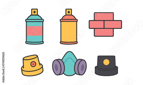 Colorful flat icons of spray paint cans, brick wall, and respirator mask
