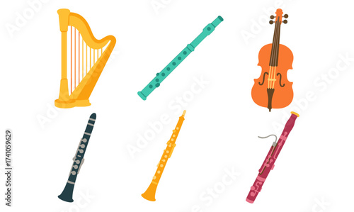 Collection of colorful musical instruments in flat design featuring harp, flute, violin, and more