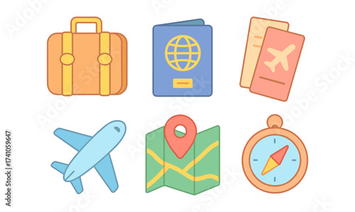 Travel essentials: flat design icons featuring passport, tickets, and more