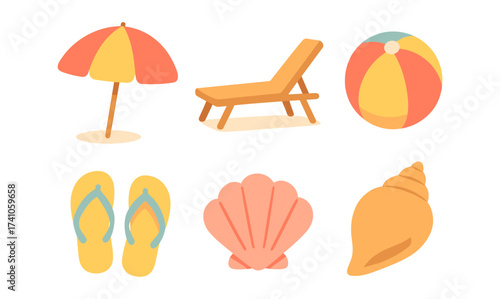 Summer beach essentials: umbrella, chair, ball, flip flops, shells in flat design