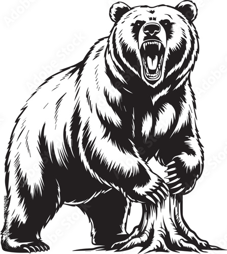 Stylized illustration of a roaring grizzly bear standing on a trees trunk