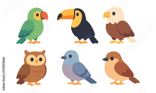 Cute cartoon birds set: parrot, toucan, eagle, owl, pigeon, sparrow