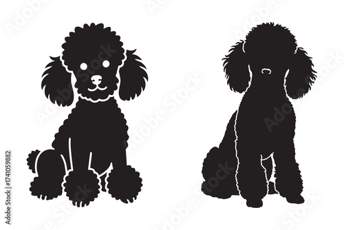 Silhouette Poodle Dogs Sitting, Black and White