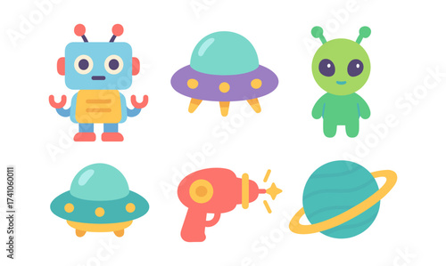 Cute alien and robot with space elements in colorful flat style