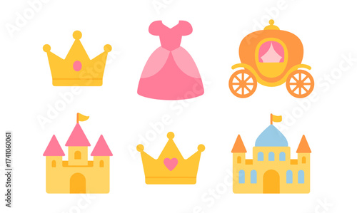 Fairytale elements: princess crown, dress, carriage, castle icons in flat style