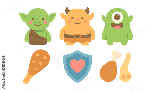 Cute fantasy monsters and icons in flat cartoon style for games and apps