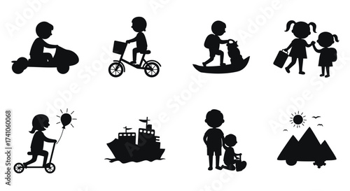 Black silhouettes depicting children enjoying various outdoor activities and scenes