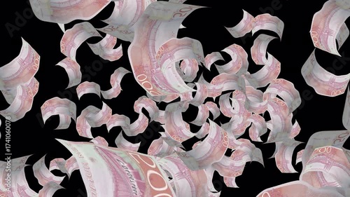 Set Of Singaporean Dollar, Swedish Krona, South Korean Won, Norwegian Krone, And Mexican Peso Banknotes Explosion With Transparent Background