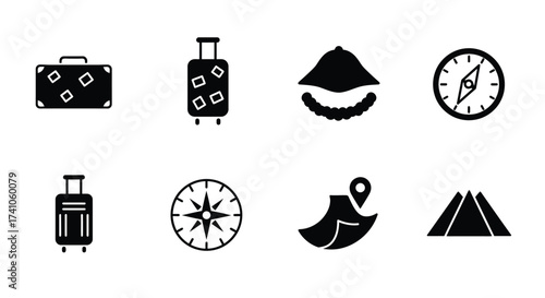 Travel icons featuring luggage mountains compasses and other vacation essentials