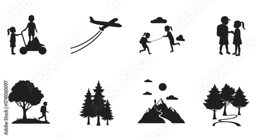 A collection of simple black silhouettes depicting outdoor activities and nature