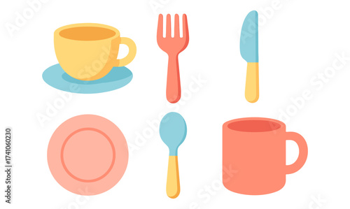 Colorful flat kitchen utensils and tableware collection