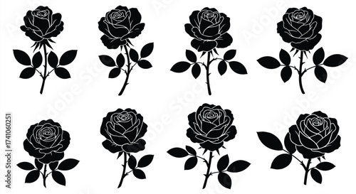 Elegant black silhouettes of blooming roses on a plain white background