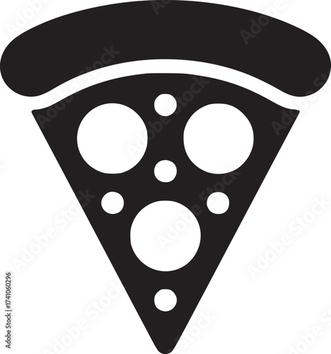 A black and white graphic illustration of a pizza slice with circular toppings on a white background