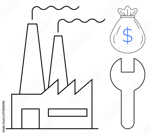 Factory with two smokestacks emitting smoke, oversized wrench, and money bag marked with a dollar sign. Ideal for industry, manufacturing, finance, profitability, repair, production economy