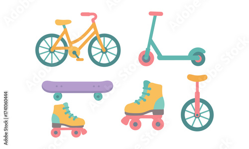 Colorful set of wheeled transportation: bike, scooter, skateboard, roller skates, unicycle