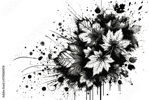  A bold monochrome composition features scattered ink splatters and a cluster of maple leaves, creating an edgy, artistic background with natural leaf texture
