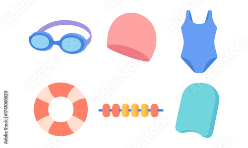 Swimming gear essentials: goggles, swim cap, swimsuit, lifebuoy, pool noodle, kickboard