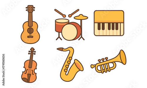 Colorful musical instrument icons set in flat style