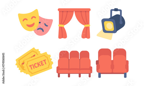 Colorful theater elements with comedy masks, curtains, and spotlight