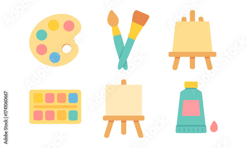 Colorful art supplies collection with paint, brushes, palette, and easel in flat design