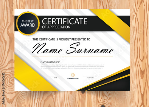 Modern certificate of appreciation with yellow accents on wood background