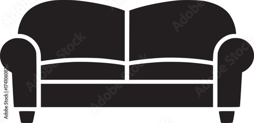 A black silhouette of a two seat sofa with rounded arms and a simple design on a white background