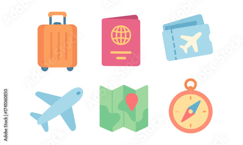Travel and adventure icons: luggage, passport, tickets, and more in flat design