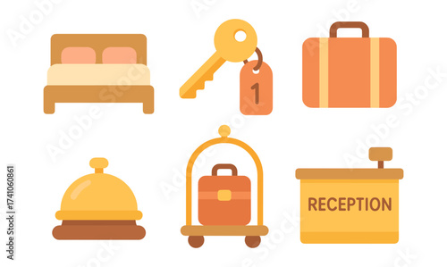 Flat hotel icons set: bed, key, suitcase, bell, luggage cart, reception