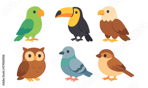 Colorful cartoon birds set featuring owl, toucan, and sparrow