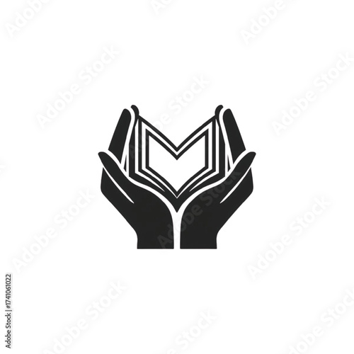 Black open book held by cupped hands icon holding