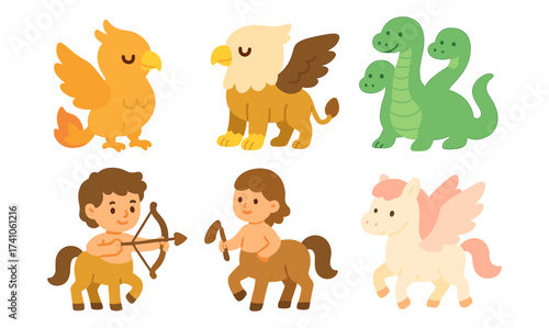 Cute mythical creatures and centaurs in cartoon style for kids