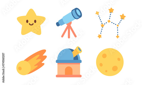 Cute astronomy elements: stars, telescopes, and celestial symbols in flat design
