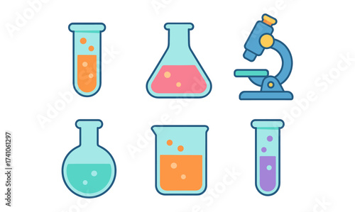 Colorful scientific equipment set with test tubes and microscope