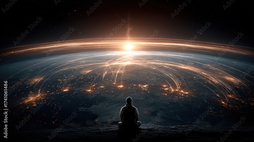 Fototapeta premium Meditating figure observes vibrant global network connections radiating across planet Earth at sunrise