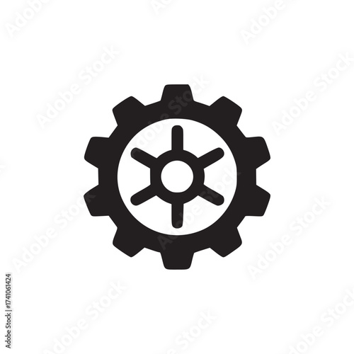 A solitary dark gear icon with internal spoke design isolated on a plain white background in center view