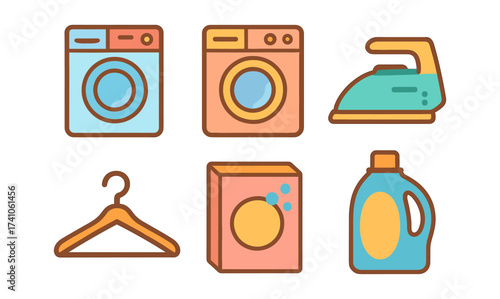 Laundry icons set featuring flat design of washing machine and iron