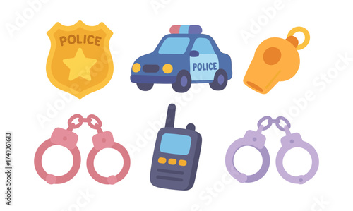 Police equipment set: badge, vehicle, whistle, handcuffs, radio in flat design
