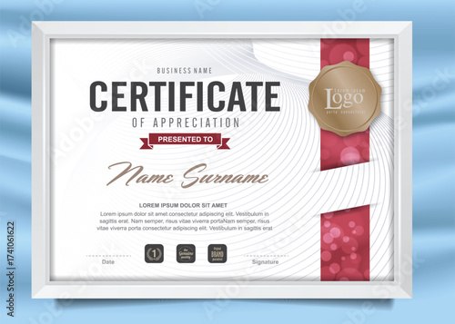 Framed certificate of achievement with seal and ribbon on blue background