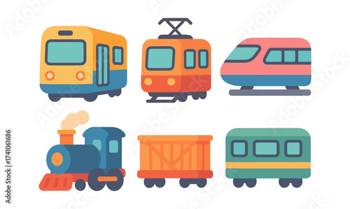 Flat design train collection with modern and vintage vehicles