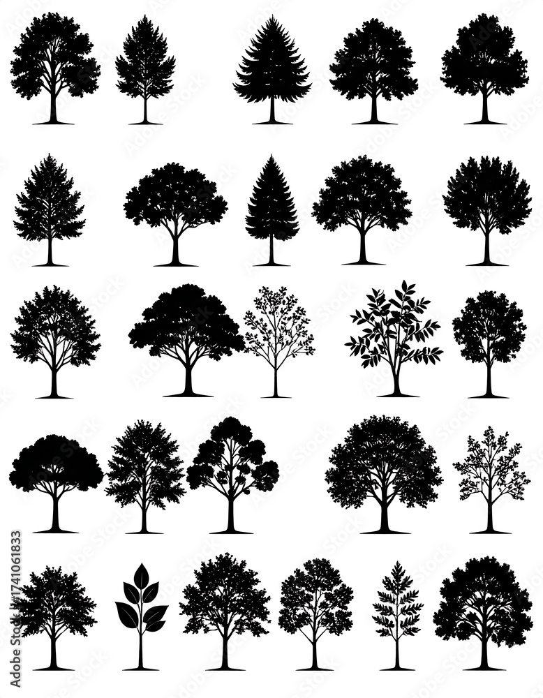 Fototapeta premium A collection of detailed black silhouette tree illustrations against white