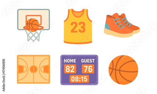 Basketball game icons: court, jersey, shoes, and scoreboard in flat design